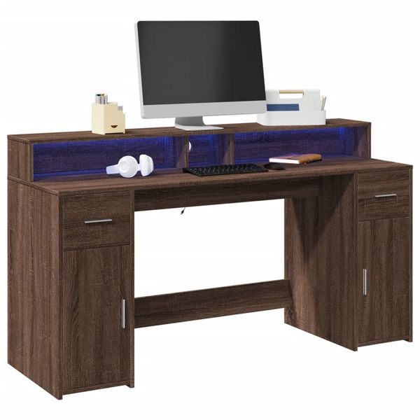 vidaXL Stôl s LED svetlami hnedý dub 160x55x91 cm kompozitné drevo