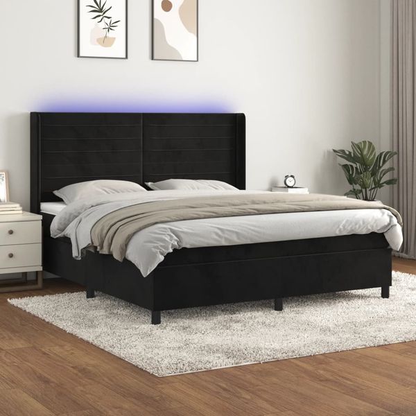 vidaXL Posteľ boxsping s matracom a LED čierna 180x200 cm zamat