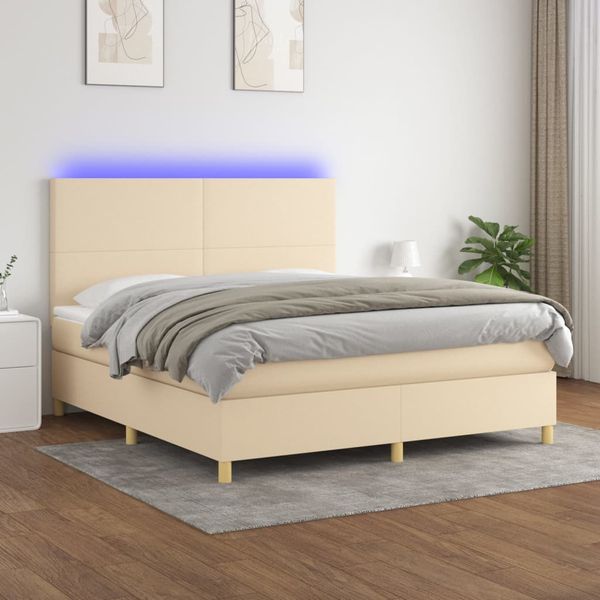 vidaXL Posteľ boxsping s matracom a LED krémová 180x200 cm látka