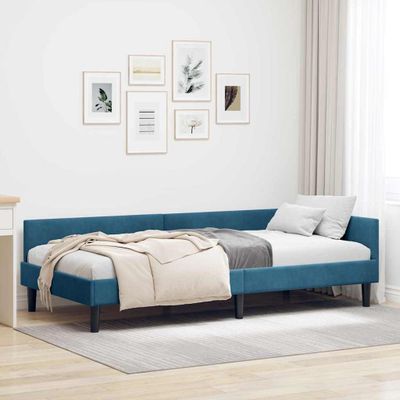 vidaXL Rohový rám postele s čelnou doskou Modrá 90 cm x 190 cm Zamat