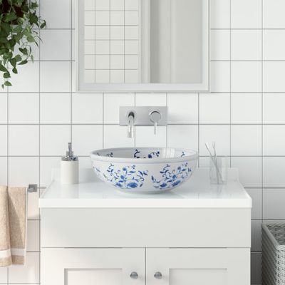 vidaXL Umývadlo na dosku bielo-modré okrúhle Φ41x14 cm keramické