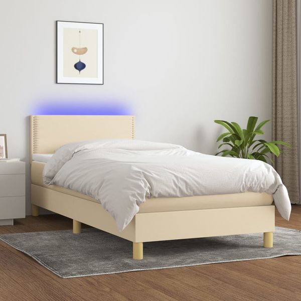 vidaXL Posteľ boxsping s matracom a LED krémová 90x190 cm látka