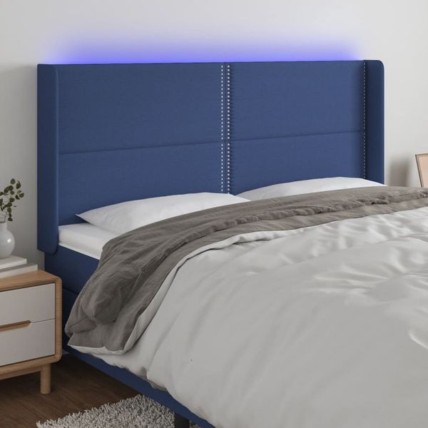 vidaXL Čelo postele s LED modré 183x16x118/128 cm látka
