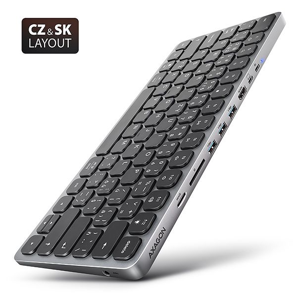 AXAGON HMC-KB-CS, USB 5Gbps hub s CZ/ SK klávesnicou, HDMI 4K/60Hz, 3x USB-A, SD/mSD, audio, PD 100W