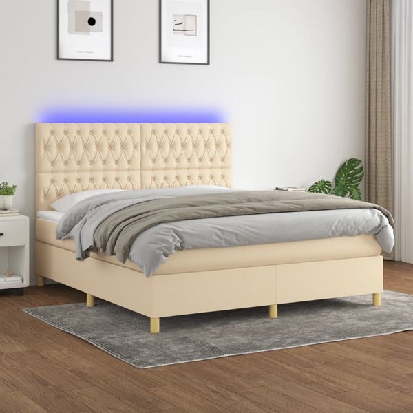 vidaXL Posteľ boxsping s matracom a LED krémová 160x200 cm látka