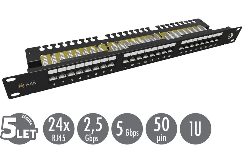 19'' patch panel Solarix 24 x RJ45 CAT6 UTP s vyväzovacou lištou 1U SX24L-6-UTP-BK-N