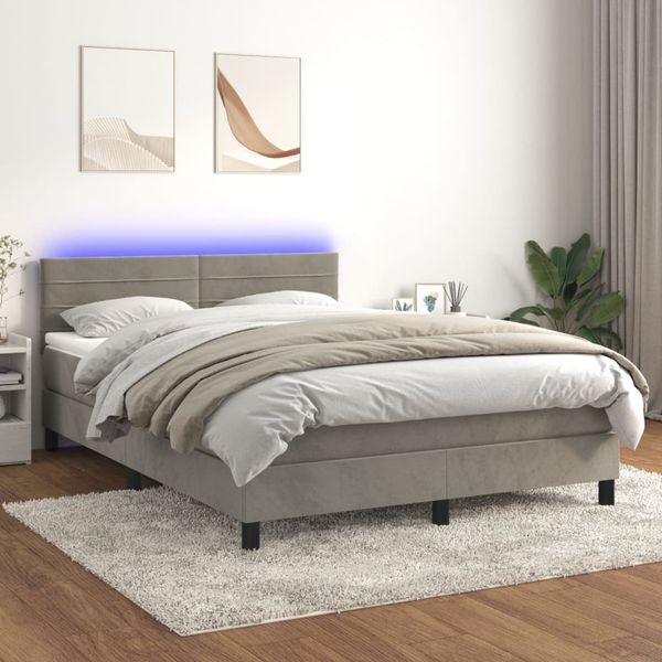 vidaXL Posteľ boxsping s matracom a LED bledosivá 140x200 cm zamat