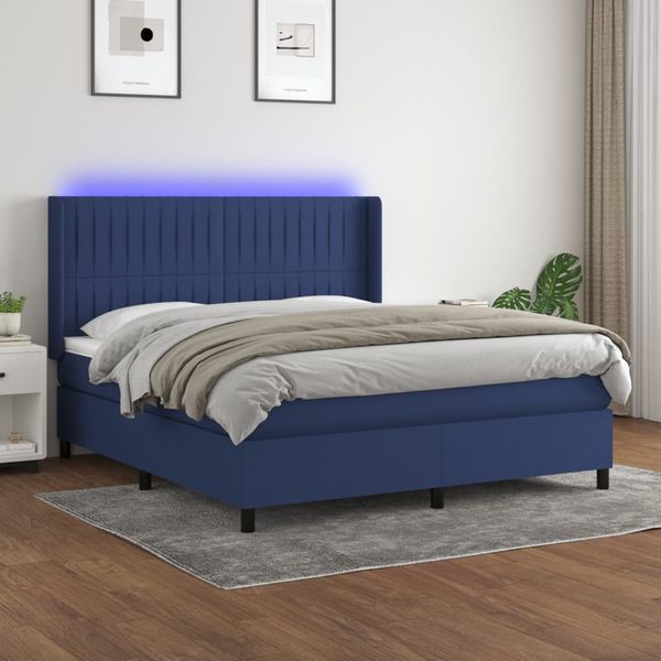 vidaXL Posteľ boxsping s matracom a LED modrá 180x200 cm látka