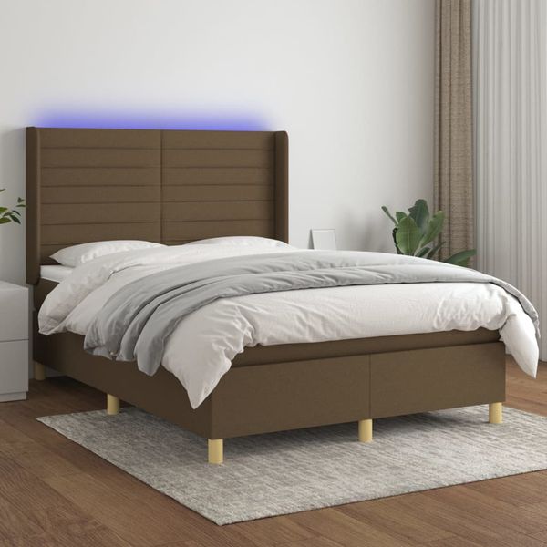 vidaXL Posteľ boxsping s matracom a LED tmavohnedá 140x200 cm látka