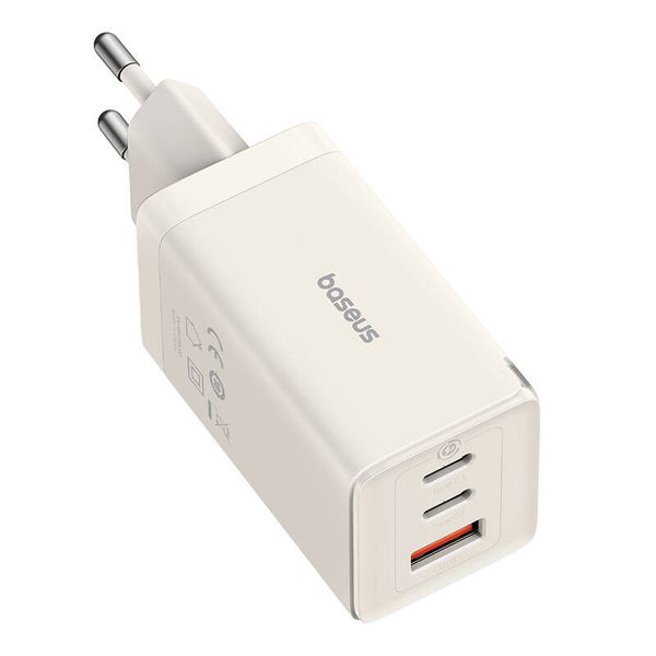 Sieťová nabíjačka Baseus GaN5, 2x USB-C + USB, 65 W + kábel 1 m (biela)