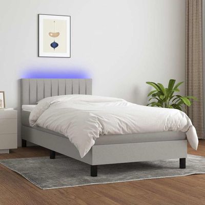 vidaXL Posteľ boxsping s matracom a LED bledosivá 90x200 cm látka
