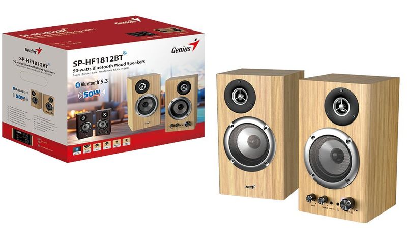 GENIUS repro SP-HF1812BT Pine Wood/ 2.0/ 50W/ Bluetooth 5.3/ dřevěné/ barva světlé dřevo Reproduktory, 2.0, 50W, Bluetooth, 3,5mm jack, drevené, svetle hnedé