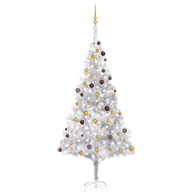 vidaXL Osvetlený umelý vianočný stromček s guľami strieborný 240cm PET