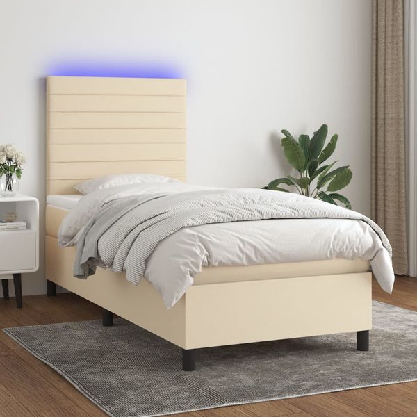 vidaXL Posteľ boxsping s matracom a LED krémová 90x200 cm látka