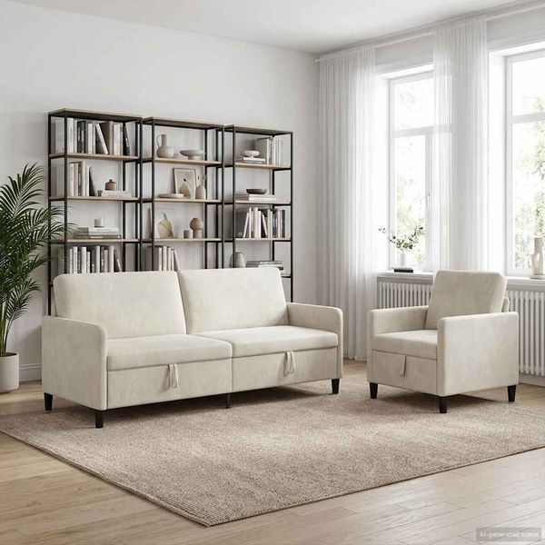 vidaXL Súprava pohovky s úložným priestorom 2 ks Krémová Polyester