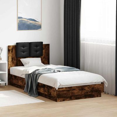 vidaXL Posteľný rám s čelom a LED svetlami dymový dub 90x190 cm