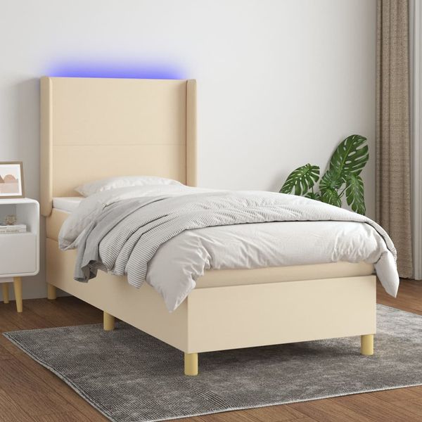 vidaXL Posteľ boxsping s matracom a LED krémová 90x200 cm látka