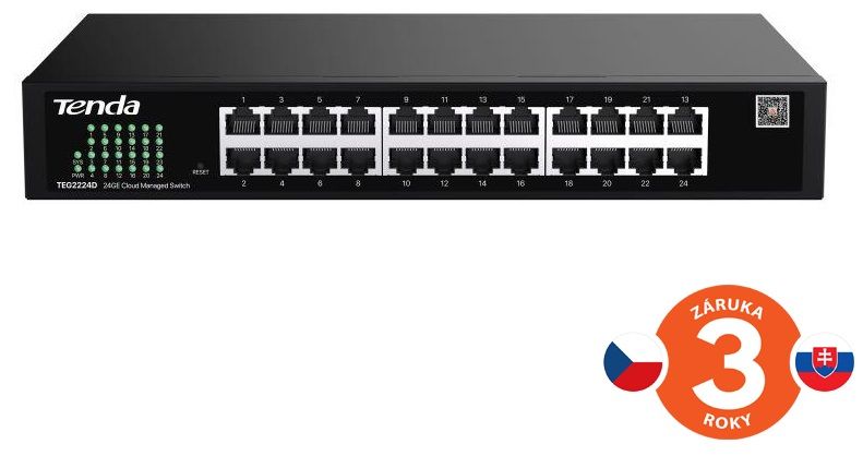 Tenda TEG2224D Websmart L2 cloud managed switch, 24x 10/100/1000 Mbps, Kov, Fanless-bez ventilátorov