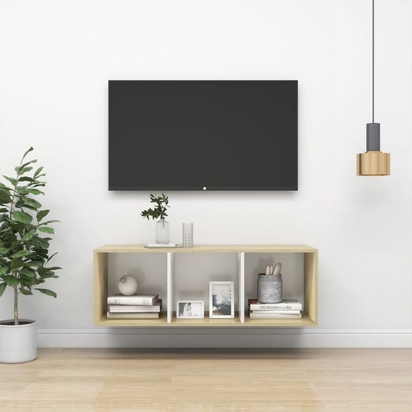 vidaXL Nástenná TV skrinka, biela+sonoma 37x37x107cm, kompozitné drevo
