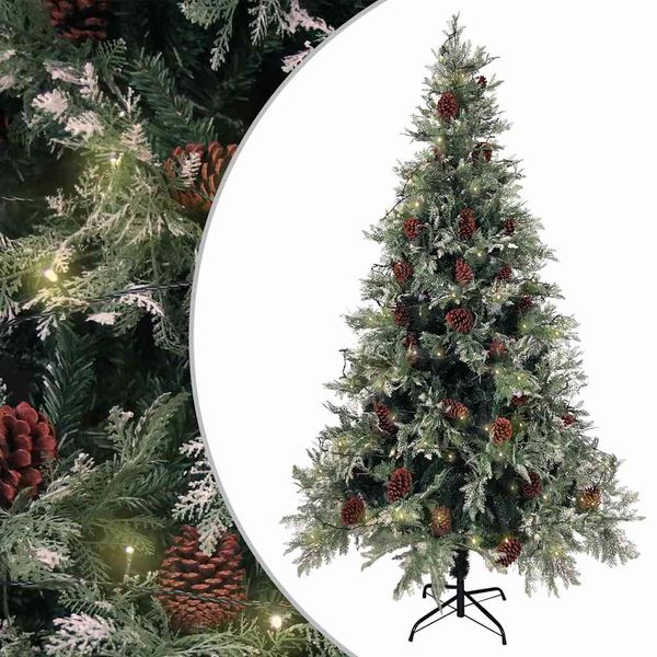vidaXL Osvetlený vianočný stromček so šiškami, zelený 195 cm, PVC a PE