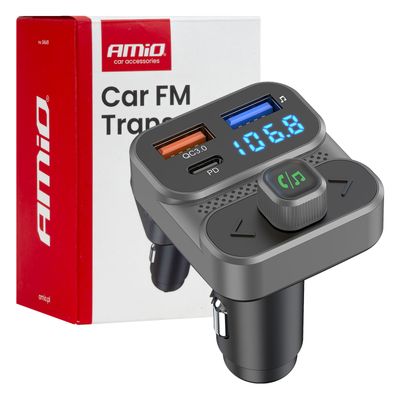 FM vysielač 2×USB-A 1×USB 12V 24V AMiO-04649