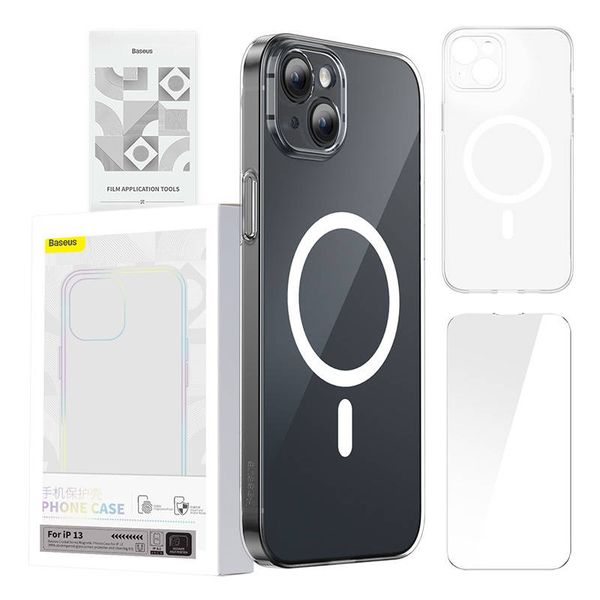 Puzdro na telefón Baseus Magnetic Crystal Clear pre iPhone 13 (priehľadné) s ochranným krytom displeja z celoplošného tvrdeného skla a čistiacou súpravou