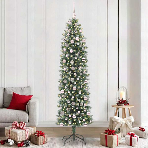 vidaXL Umelý chudý vianočný strom s 300 LED-i Zelená a biela 240 cm