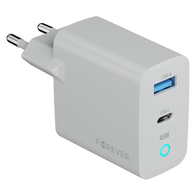 Forever Vibe-TC45AC GaN PD QC nabíjačka 1x USB-C 1x USB 45W strieborná