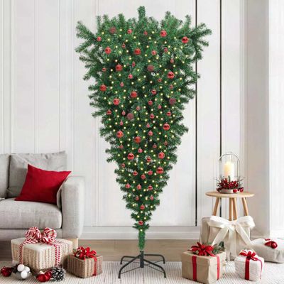 vidaXL Upside-down umelý vianočný stromček s guľami Zelená 210 cm PVC