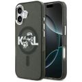 Puzdro Karl Lagerfeld Magsafe IML glitter case kovový rám fotoaparátu a tlačidlá s logom Karl a Choupette sketch pre iPhone 17 čierne