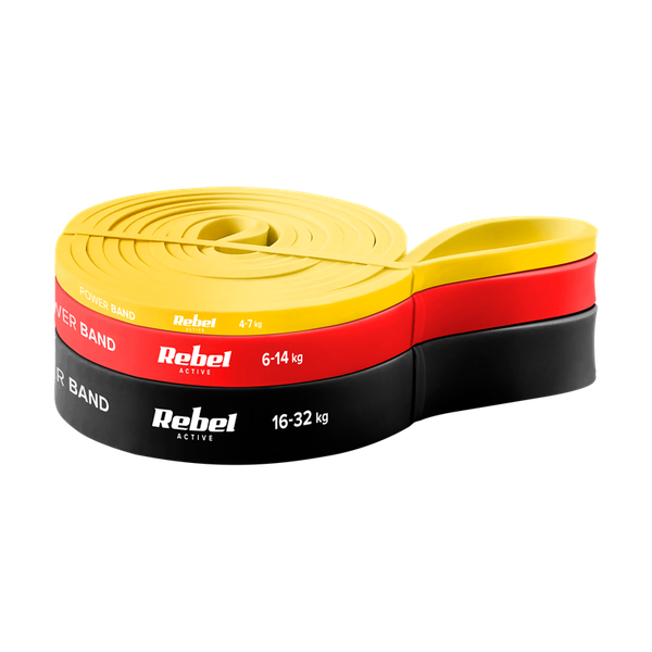 Latexová sada cvičebných pásov - Power Band PLs-1, 4-32 kg, 3 pásy, REBEL ACTIVE