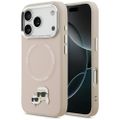 Puzdro Karl Lagerfeld Magsafe PU s kolíkmi Karl&Choupette heads a kovovými tlačidlami fotoaparátu pre iPhone 17 Pro Max béžové