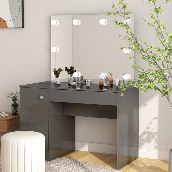 vidaXL Toaletný stolík s LED svetlami 110x55x145 cm MDF lesklý sivý