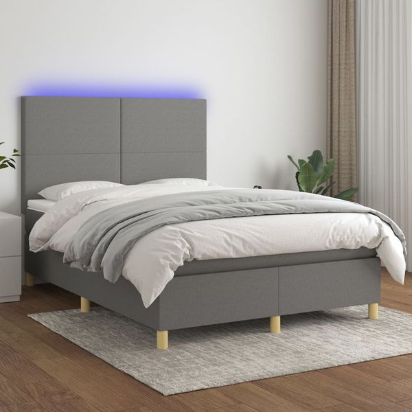 vidaXL Posteľ boxsping s matracom a LED tmavosivá 140x200 cm látka