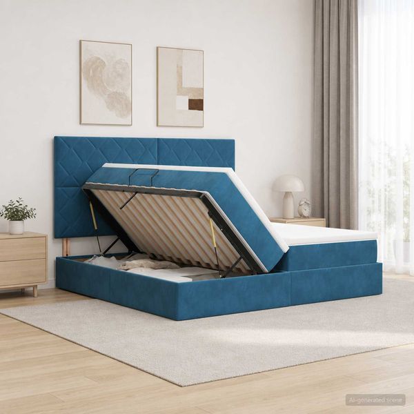vidaXL Úložná posteľ s čelnou doskou Tmavomodrá 200 x 200 cm Zamat