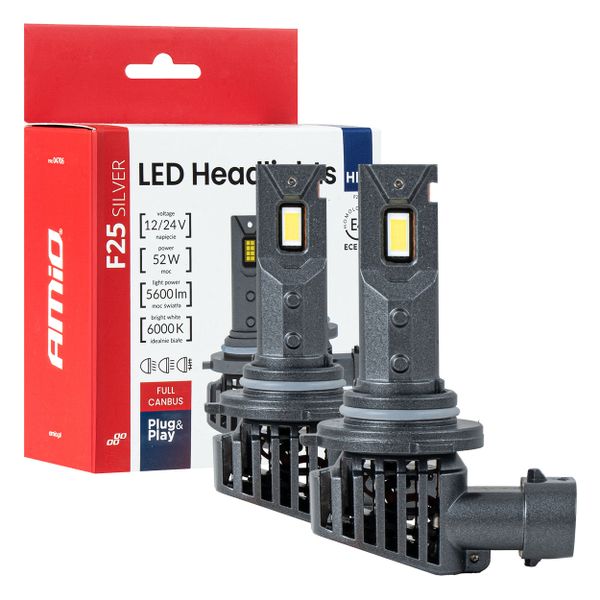 LED žiarovky hlavného svietenia Séria F25 SILVER FULL CANBUS HB3 9005 52W 12V 24V AMiO-04706