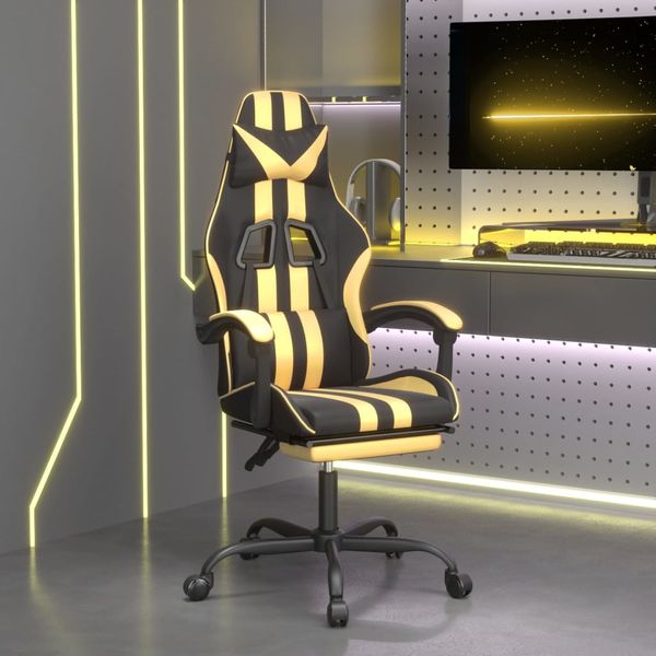vidaXL Otočná herná stolička s podnožkou čierna a zlatá umelá koža