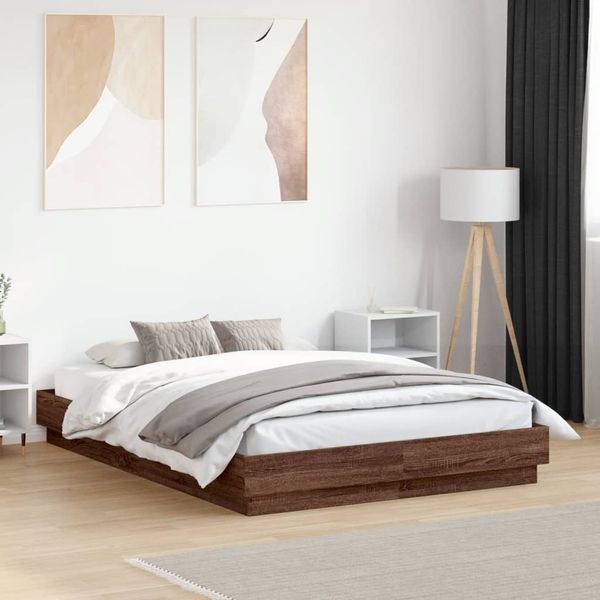 vidaXL Posteľný rám s LED svetlami hnedý dub 135x190 cm