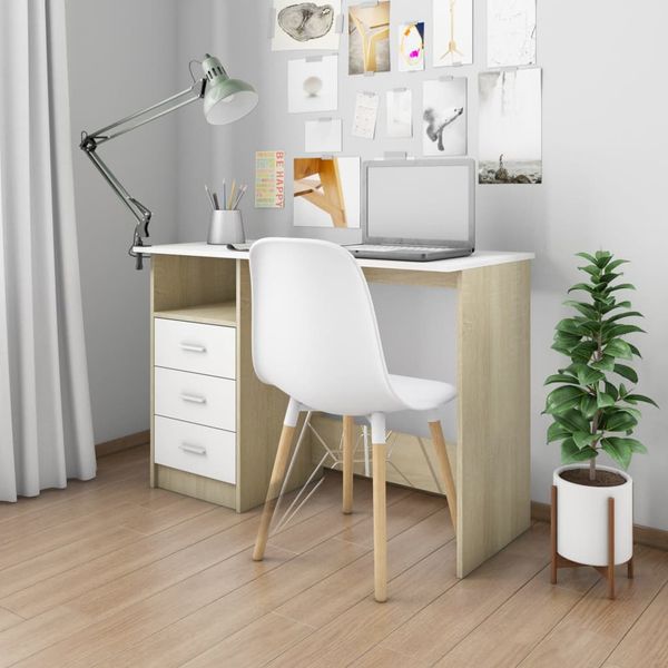 vidaXL Stôl so zásuvkami biely a farby dubu sonoma 110x50x76 cm drevotrieska