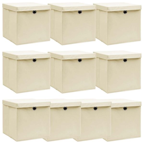 vidaXL Úložné boxy s vekom 10 ks, krémové 32x32x32 cm, látka
