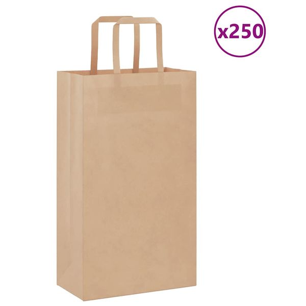 vidaXL Papierové tašky 250 ks s rúčkami, hnedá, 21x11x36 cm