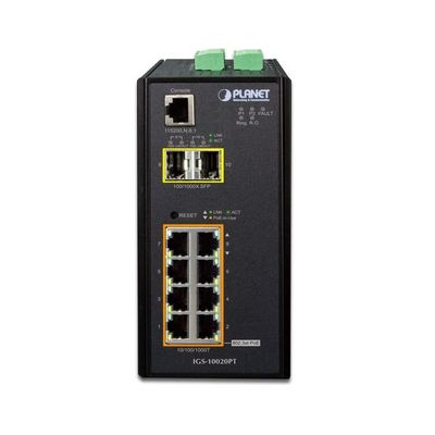 Planet IGS-10020PT průmyslový L3 switch, 8x1Gb, 2x2.5Gb SFP, 8x PoE 802.3at 240W, 48-54VDC, -40~75°C, IP30 Prumyslový Switch, 8x 10/100/1000 PoE (130W) + 2x 100/1000 SFP, Management, -40 +75°C