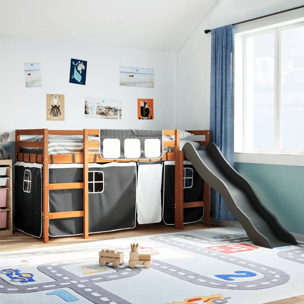 vidaXL Detská vyvýšená posteľ závesy bielo-čierna 90x200 cm borovica