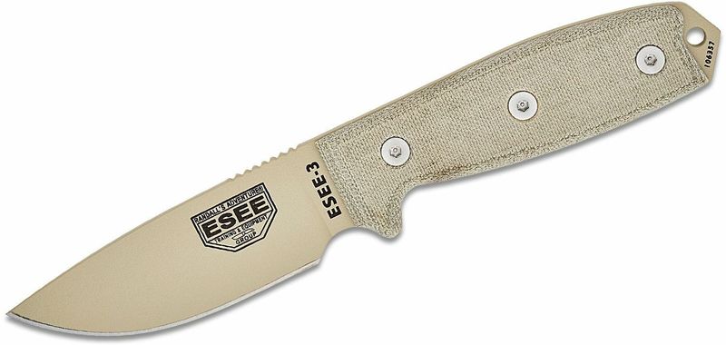 ESEE-3P-MB-DT ESEE univerzálny pevný nôž 9,8cm, pieskovo-hnedá, Micarta, plastové puzdro OD Green