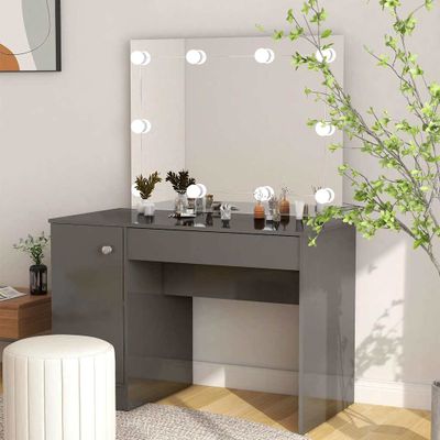 vidaXL Toaletný stolík s LED svetlami 110x55x145 cm MDF lesklý sivý