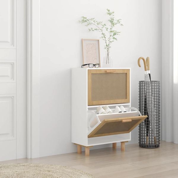 vidaXL Botník biely 52x25x80 cm spracované drevo a prírodný ratan