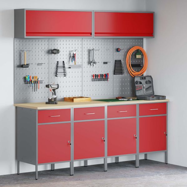 vidaXL Sada pracovných skríň so zásuvkou s úložiskom 10 pcs Červená