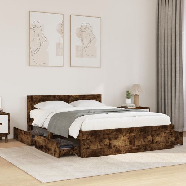 vidaXL Posteľný rám s čelom dymový dub 120x190 cm kompozitné drevo