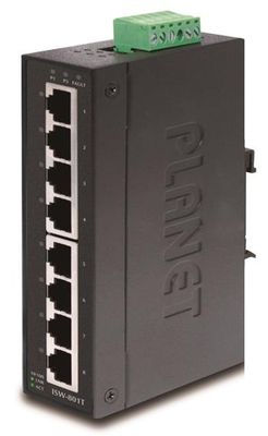 Planet ISW-801T, 8x 10/100, DIN,IP30, rozšírený teplotný rozsah -40~75°C, IEEE 802.3az (EEE), EFT+ESD 8x 10/100M, -40~+75°C, TB napájenie 12-48VDC, DIN, kovové šasi