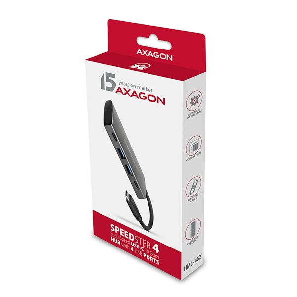 AXAGON HMC-4G2, USB-C 3.2 Gen 2 10 Gb/s hub, porty 2x USB-A + 2x USB-C, kábel USB-C 13 cm USB Hub, externý, 2x USB typ C, 2x USB 3.1, 0,13 m, šedooceľový
